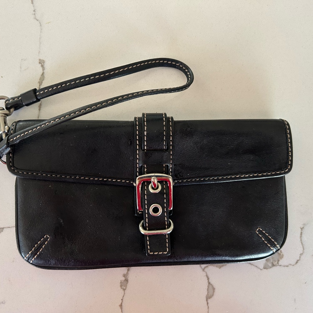 Coach Black Leather Wristlet Clutch with Buckle